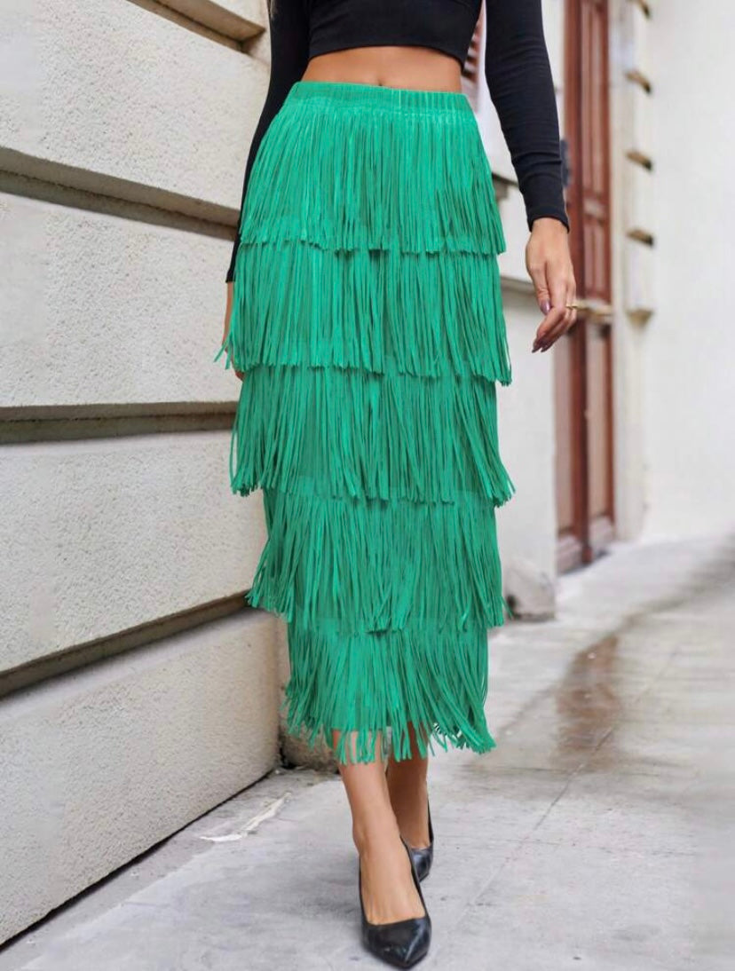 CM-BS960429 Women Elegant Seoul Style Solid Layered Fringe Trim Skirt - Green