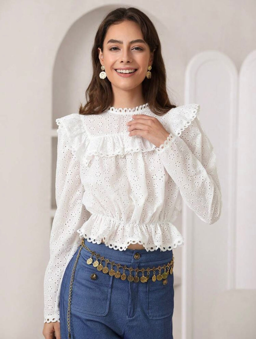 CM-TS819169 Women Trendy Bohemian Style Stand Collar Ruffle Trim Schiffy Peplum Top