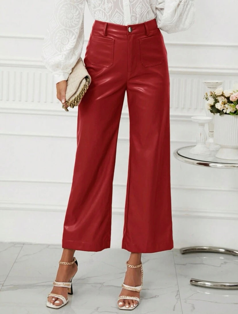 CM-BS579092 Women Casual Seoul Style High Waist PU Leather Wide Leg Pants - Red