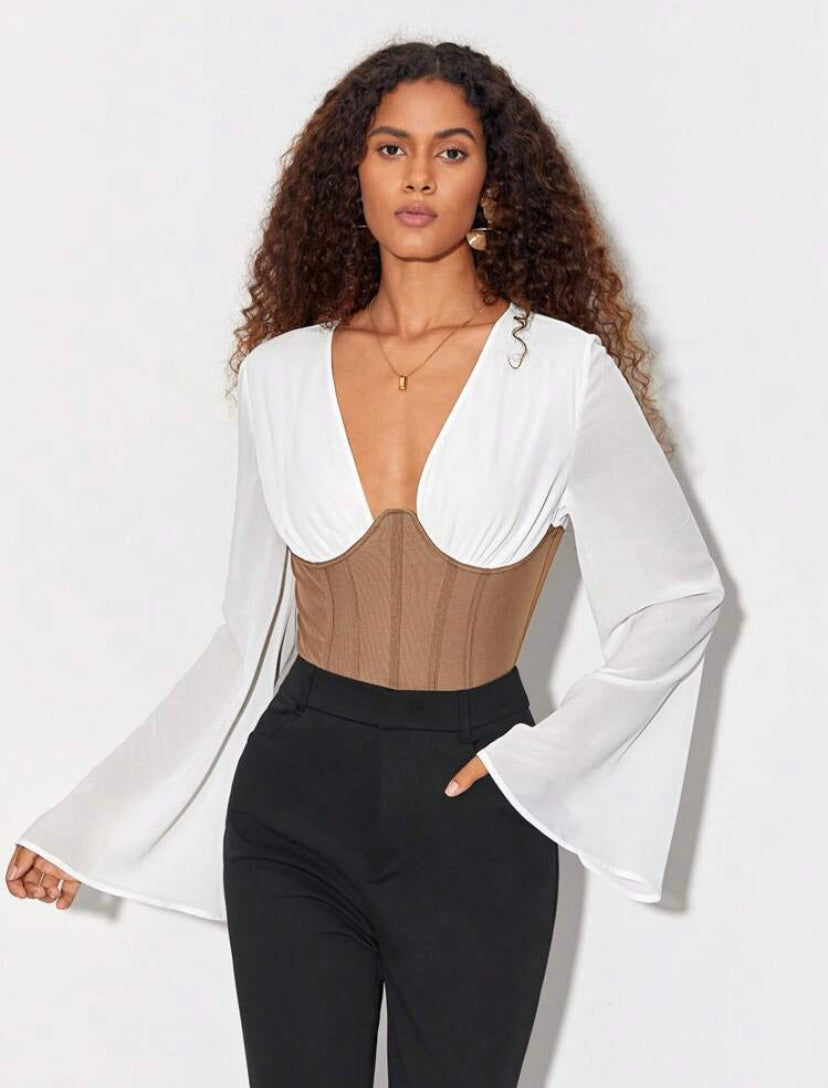 CM-TS152501 Women Elegant Seoul Style Two Tone Plunging Neck Trumpet Sleeve Bodysuit