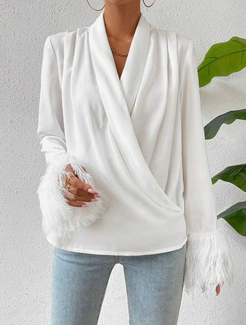 CM-TS554145 Women Elegant Seoul Style V-Neck Solid Fringe Cuff Wrap Blouse - White