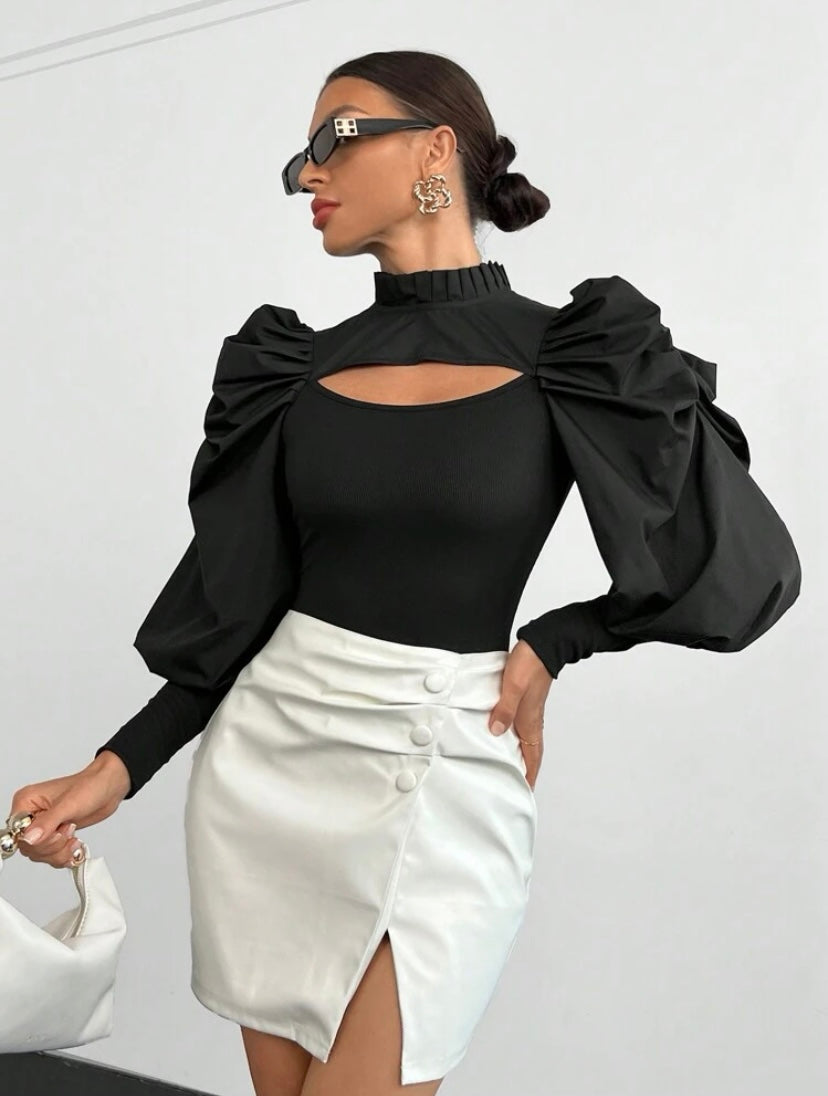 CM-TS365112 Women Casual Seoul Style Mock Neck Cut Out Front Gigot Sleeve Frill Trim Top