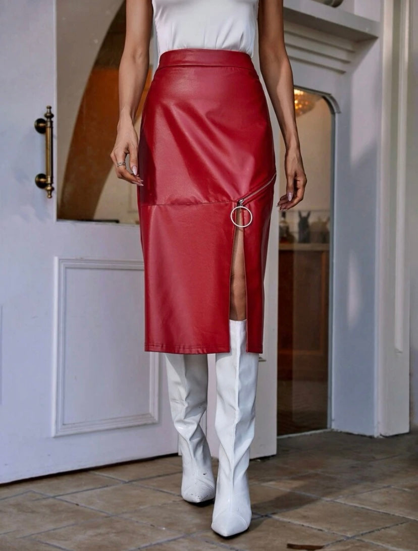 CM-BS081553 Women Elegant Seoul Style Ring Linked Split Thigh PU Leather Skirt - Red