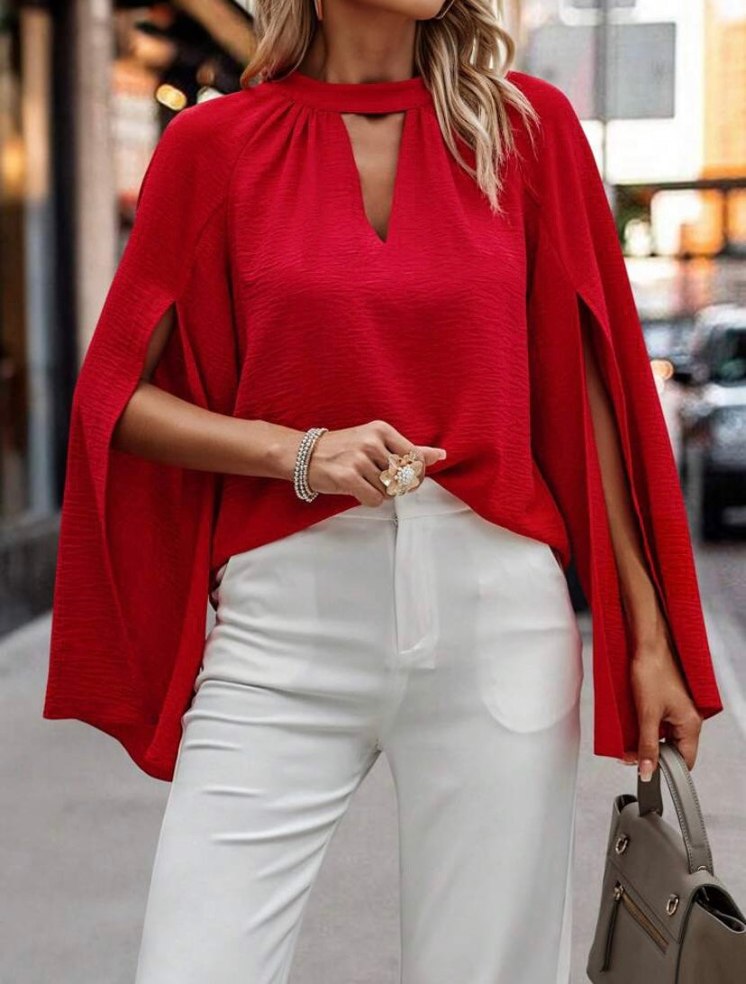 CM-TS033673 Women Casual Seoul Style Keyhole Neckline Cloak Sleeve Blouse - Red