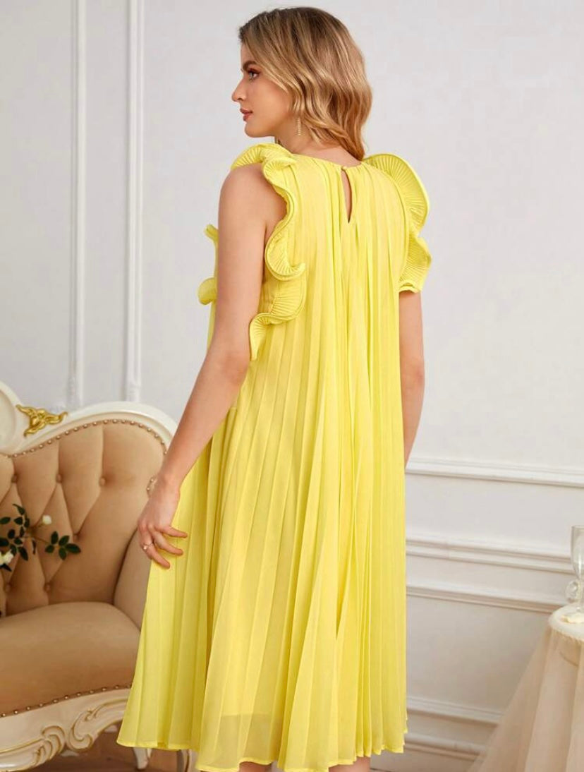 CM-DS115942 Women Elegant Seoul Style Sleeveless Ruffle Trim Pleated Dress - Yellow