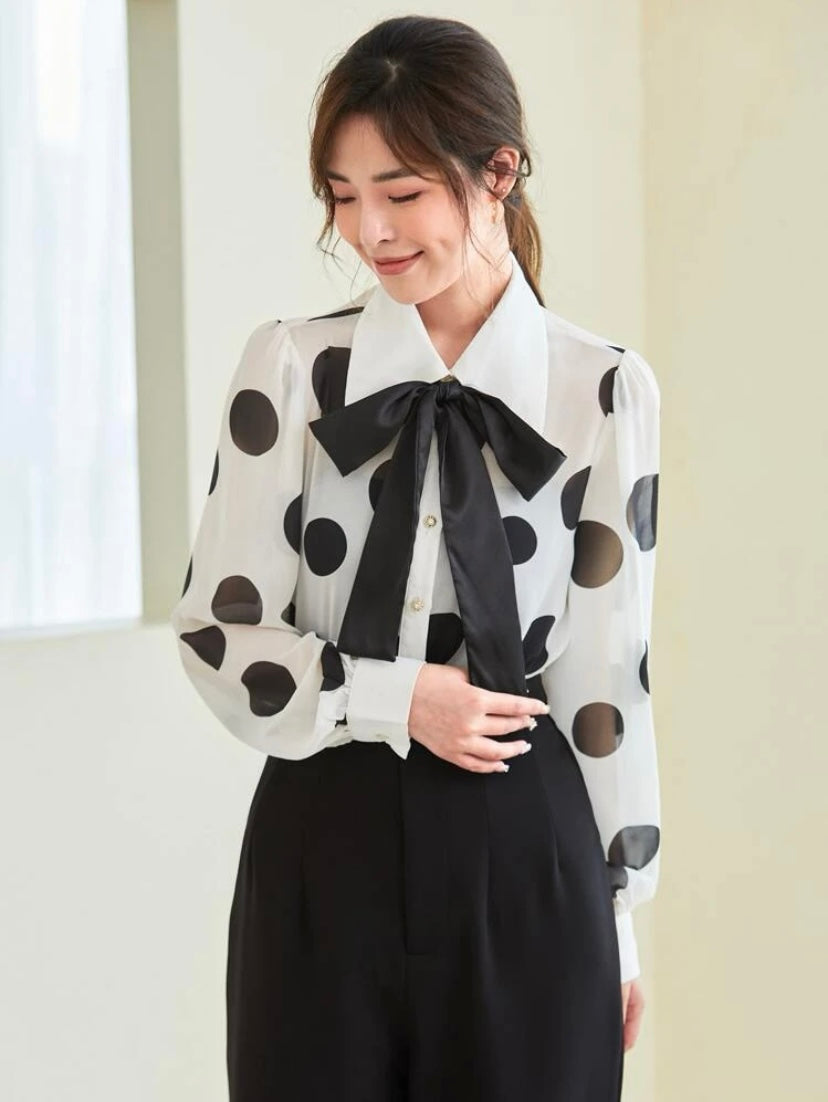 CM-TS083170 Women Elegant Seoul Style Polka Dot Tie Neck Long Sleeve Shirt