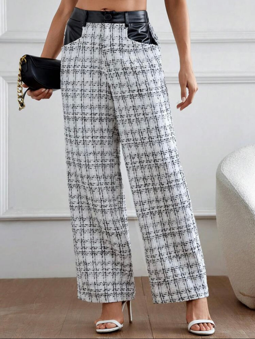 CM-BS366772 Women Elegant Seoul Style Plaid Print Slant Pocket Wide Leg Pants