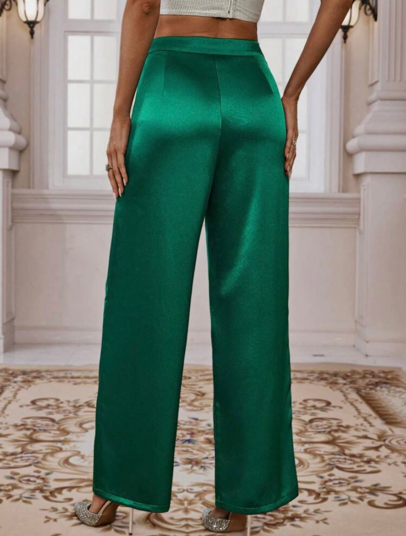 CM-BS617907 Women Casual Seoul Style High Waist Plicated Detail Wide Leg Pants - Green