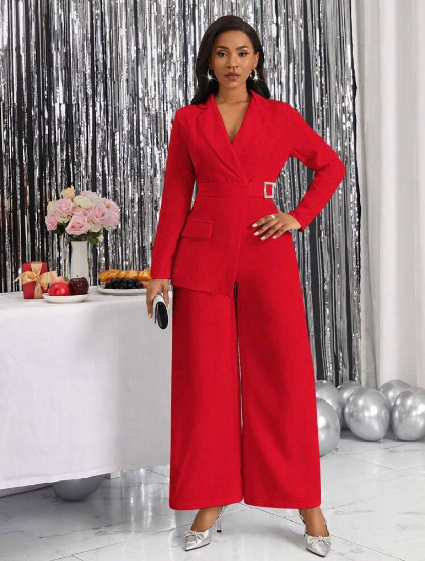CM-JS266444 Women Elegant Seoul Style Lapel Neck Flap Pocket Buckle Detail Jumpsuit - Red