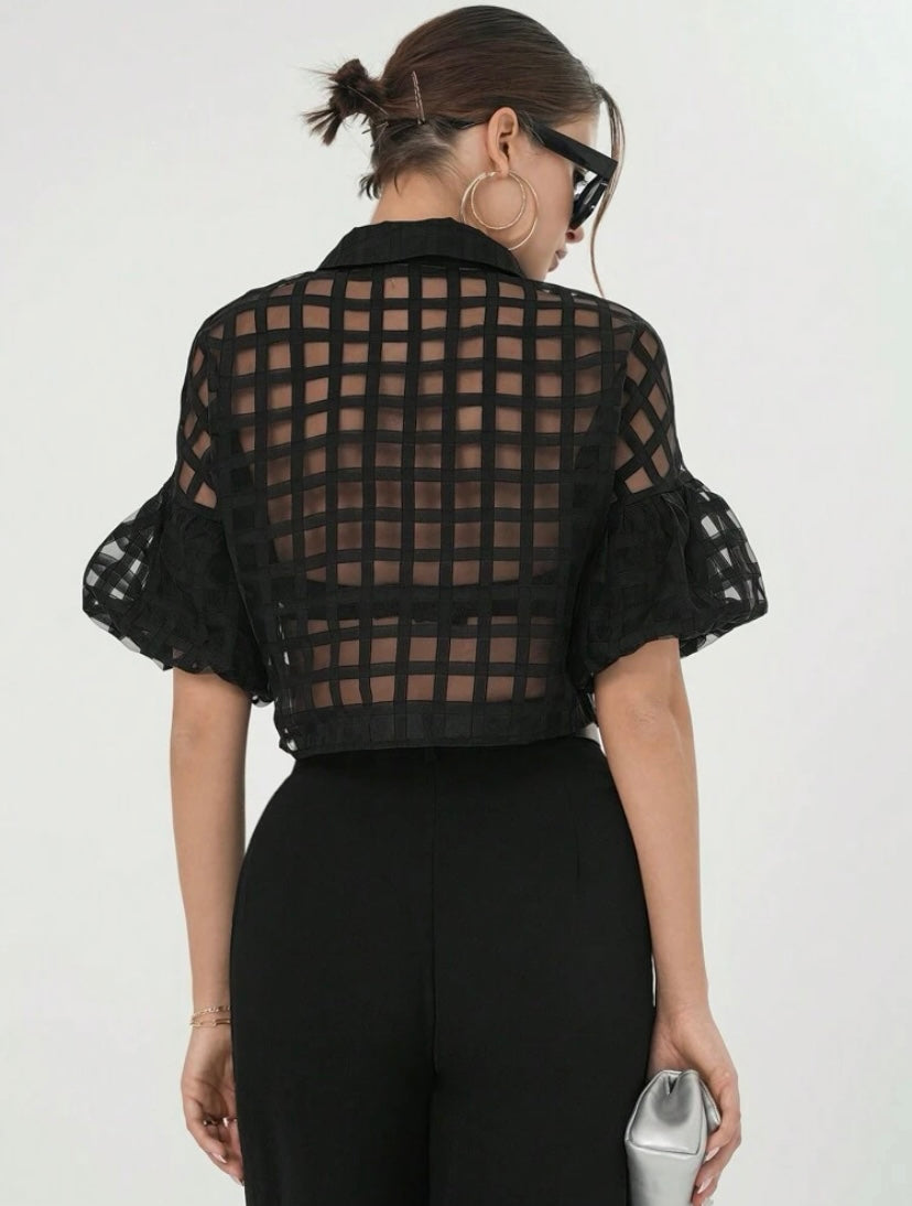 CM-TS612688 Women Casual Seoul Style Plaid Mesh Drop Shoulder Crop Shirt - Black