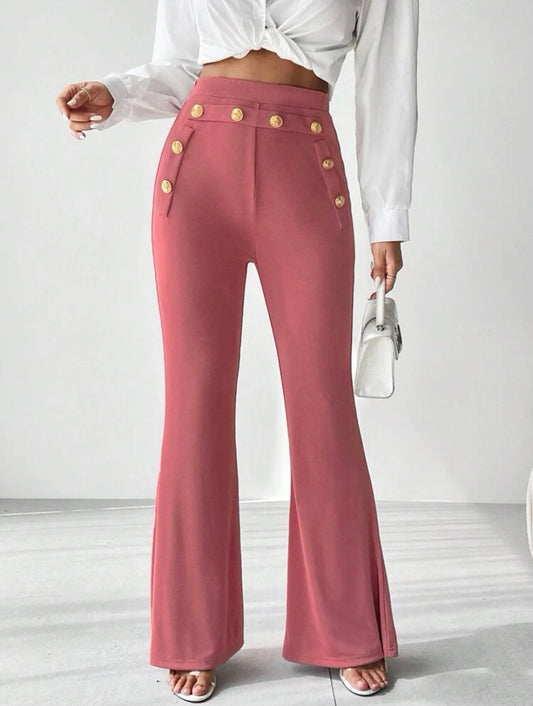 CM-BS577213 Women Elegant Seoul Style Button Detail Flare Leg Pants - Dusty Pink