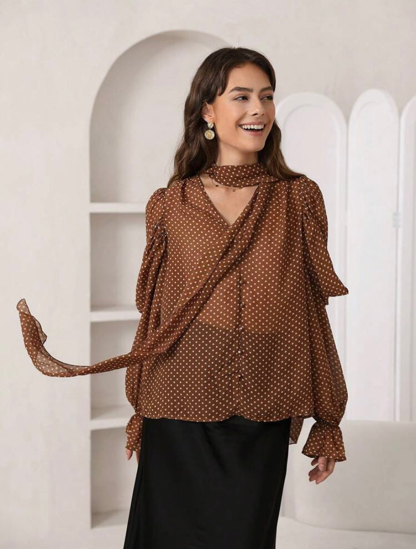 CM-TS400486 Women Elegant Seoul Style Polka Dot Print Choker Neck Flounce Sleeve Blouse