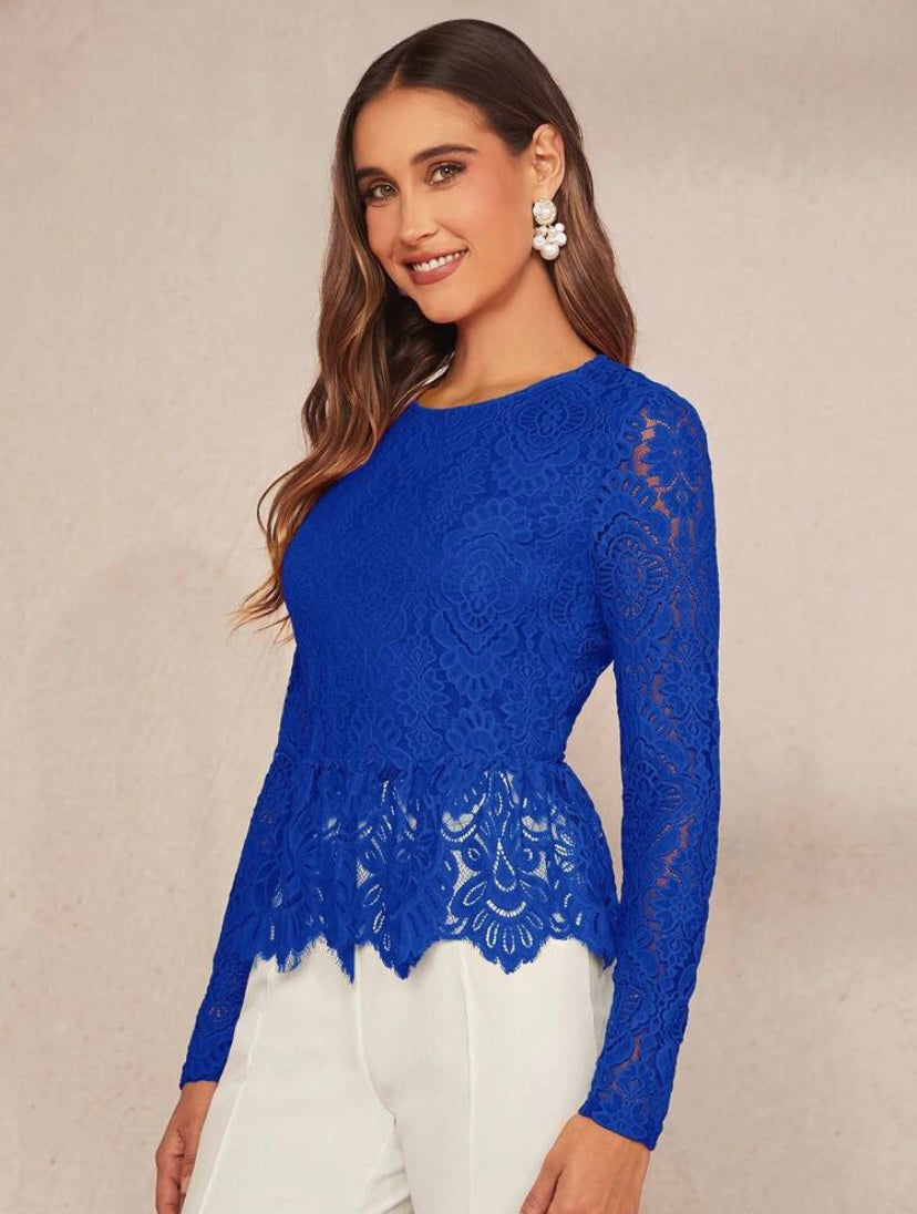 CM-TS542808 Women Elegant Seoul Style Solid Guipure Lace Peplum Blouse - Royal Blue