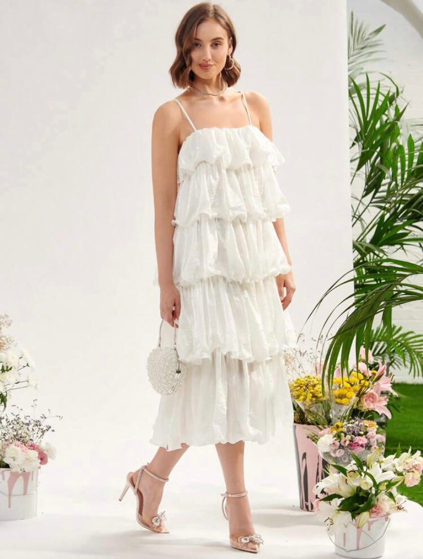 CM-DS026145 Women Elegant Seoul Style Sleeveless Solid Layered Cami Dress - White