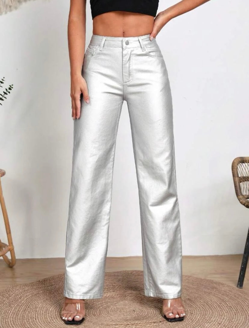 CM-BS411783 Women Elegant Seoul Style Zipper Fly Loose Straight Leg Jeans - Silver