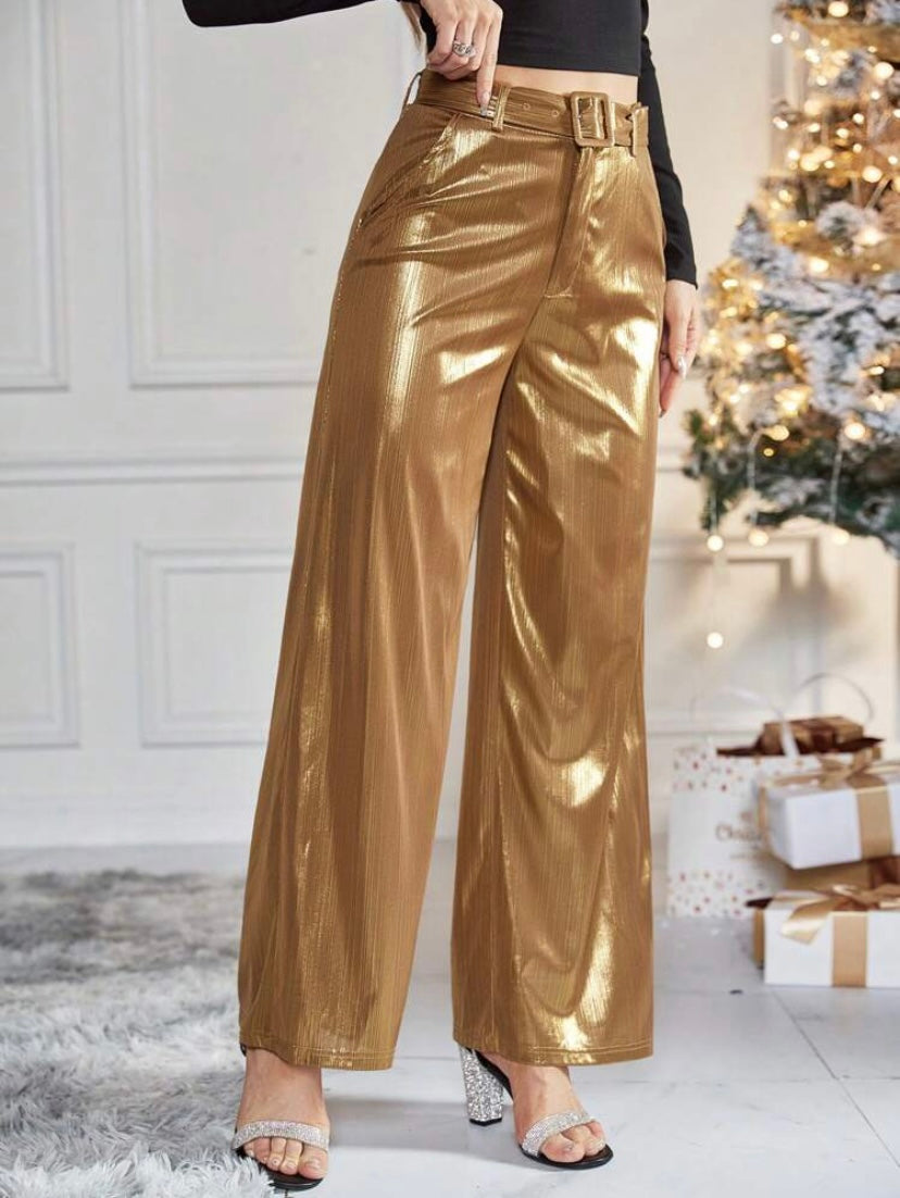 CM-BS988813 Women Elegant Seoul Style High Waist Belted Metallic Wide Leg Pants - Gold