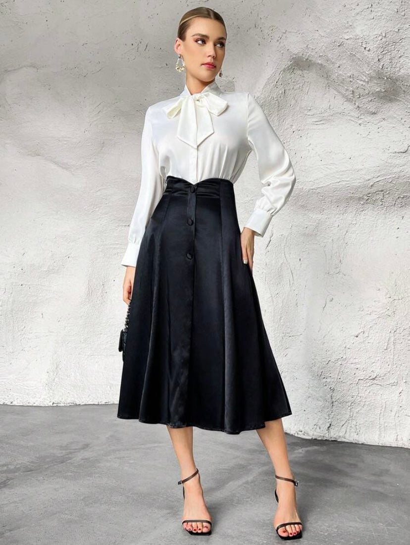 CM-BS639959 Women Elegant Seoul Style High Waist Button Front Skirt - Black