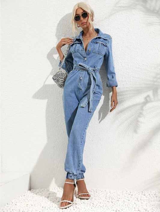 CM-JS319994 Women Casual Seoul Style Medium Wash Flap Pocket Belted Denim Jumpsuit