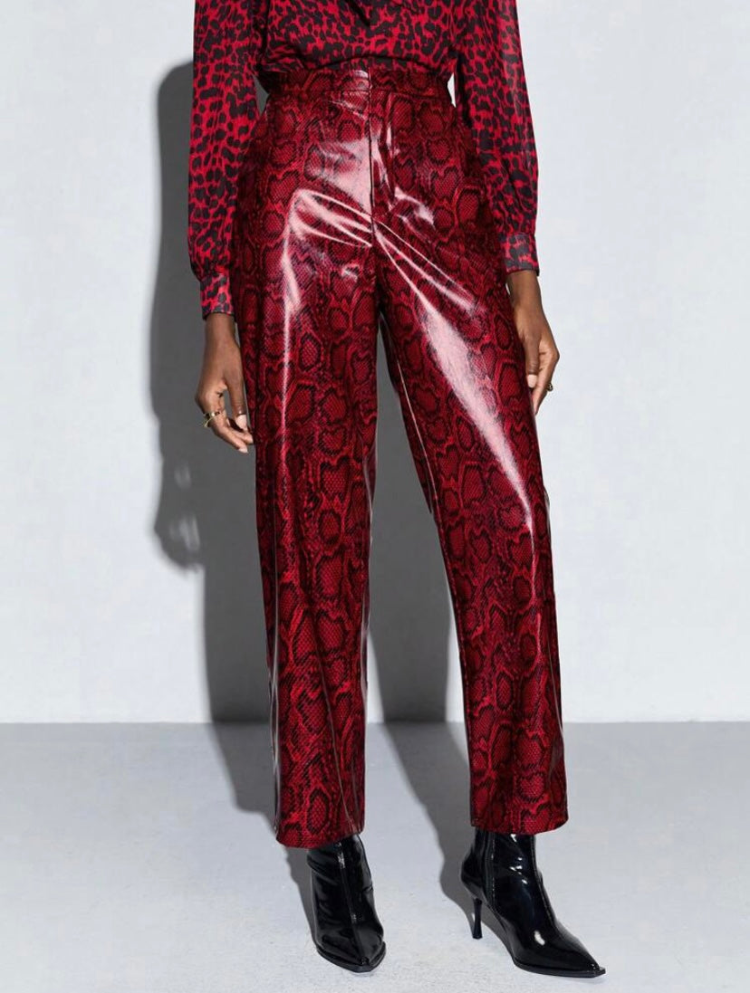 CM-BS080896 Women Elegant Seoul Style All-Over Print PU Leather Pants - Red