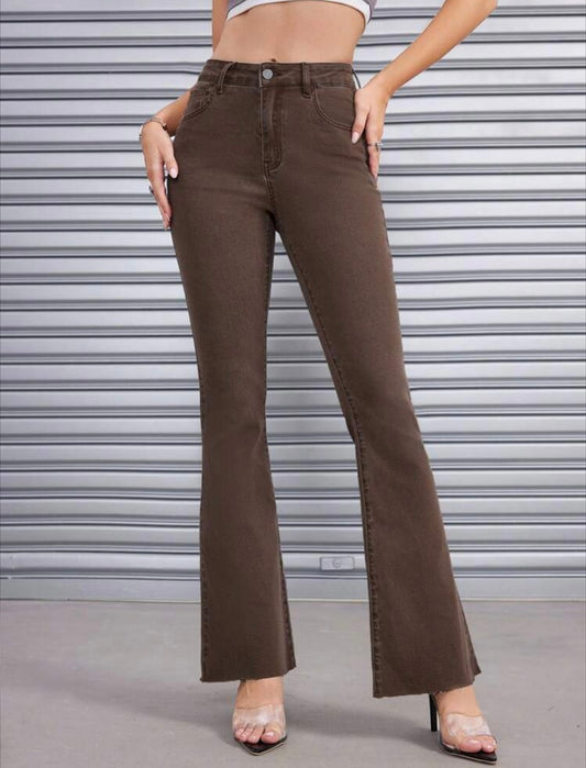 CM-BS164863 Women Casual Seoul Style High Waist Flare Leg Jeans - Coffee Brown