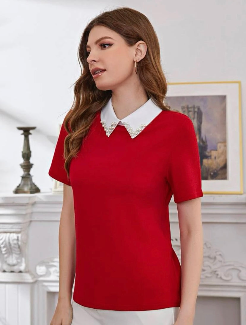 CM-TS683343 Women Casual Seoul Style Contrast Collar Rhinestone Pearls Beaded Blouse - Red