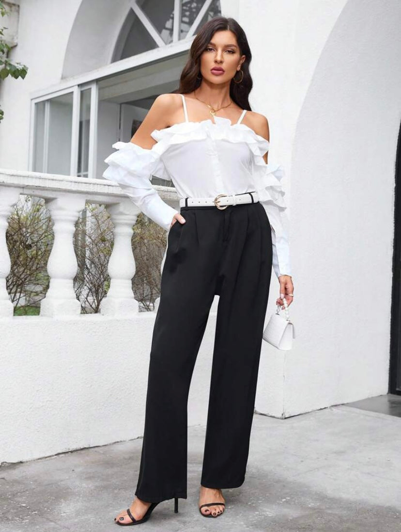 CM-TS108354 Women Elegant Seoul Style Cold Shoulder Long Sleeve Shirt With Ruffle Trim - White