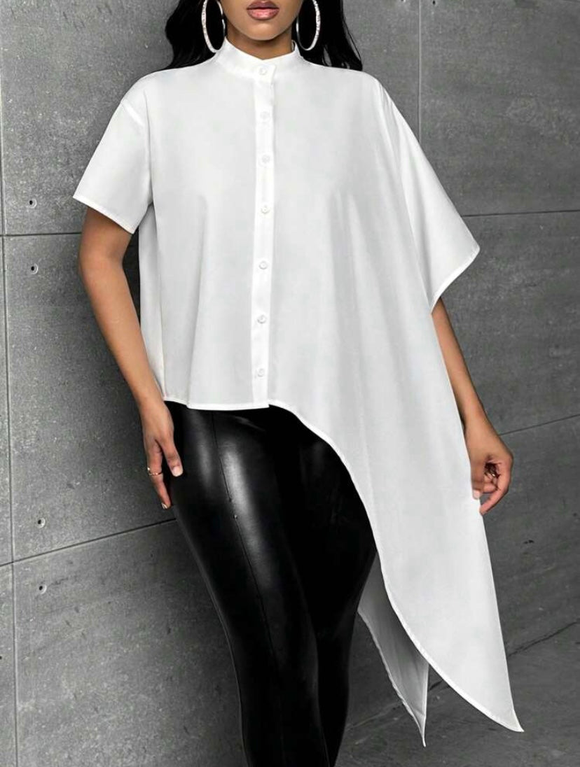 CM-TS399985 Women Casual Seoul Style Solid Asymmetrical Hem Button Front Shirt