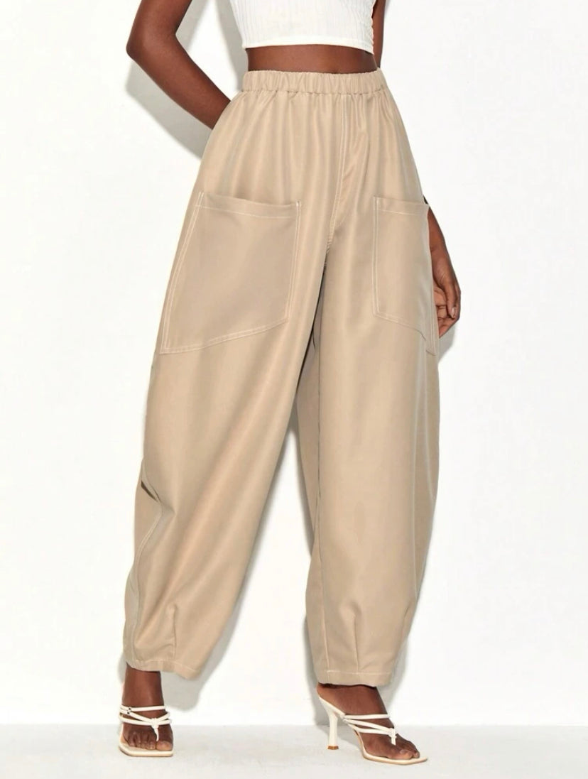 CM-BS261851 Women Casual Seoul Style Dual Pocket Side Drop Crotch Pants - Khaki