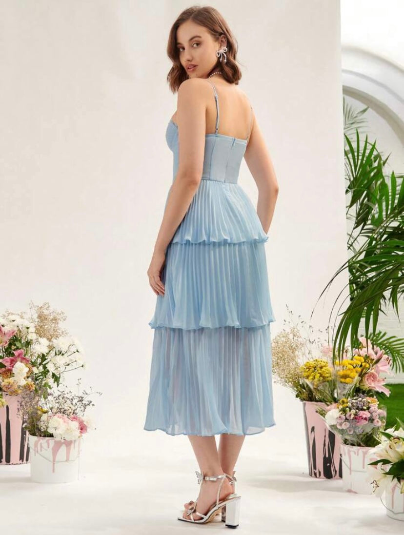 CM-DS481868 Women Elegant Seoul Style Layered Pleated Hem Cami Dress - Blue