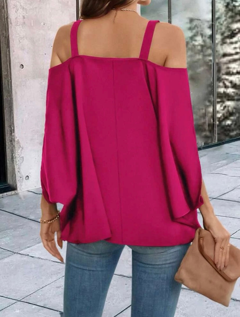 CM-TS289681 Women Casual Seoul Style Solid Chain Detail Cold Shoulder Dolman Sleeve Blouse