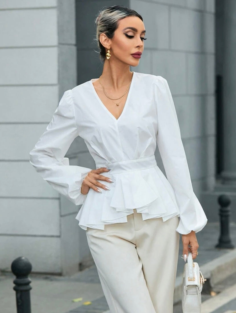 CM-TS250676 Women Elegant Seoul Style Lantern Sleeve Shirt With Ruffle Hem - White