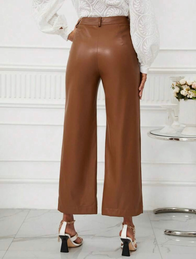 CM-BS505095 Women Casual Seoul Style High Waist PU Leather Wide Leg Pants - Brown