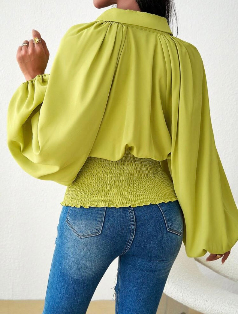 CM-TS066668 Women Casual Seoul Style Collar Neckline Lantern Sleeve Button Front Shirt