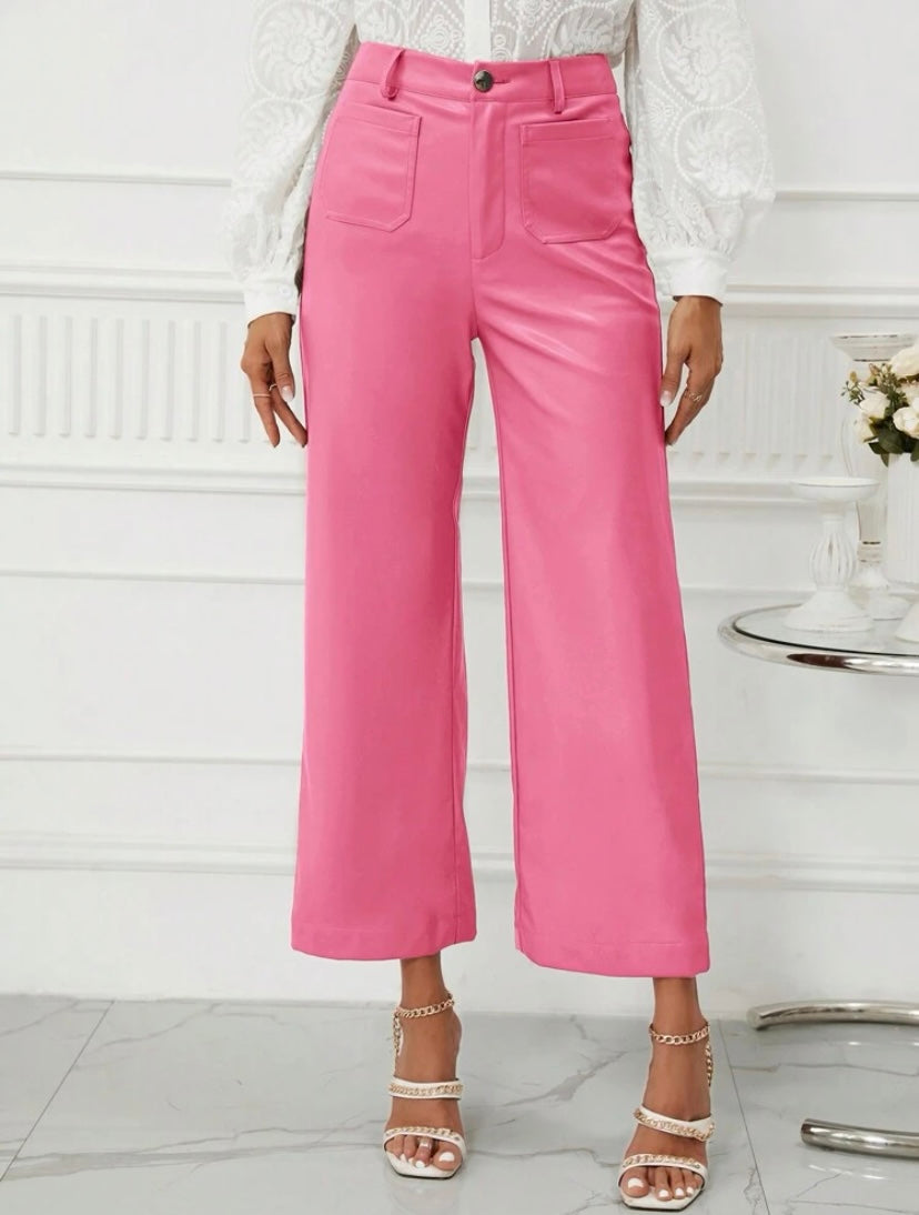 CM-BS550404 Women Casual Seoul Style High Waist PU Leather Wide Leg Pants - Hot Pink