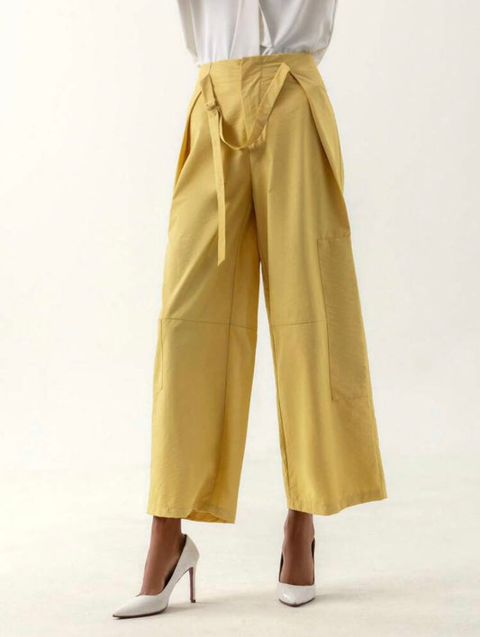 CM-BS319212 Women Casual Seoul Style Fold Pleated Detail Wide Leg Pants - Yellow