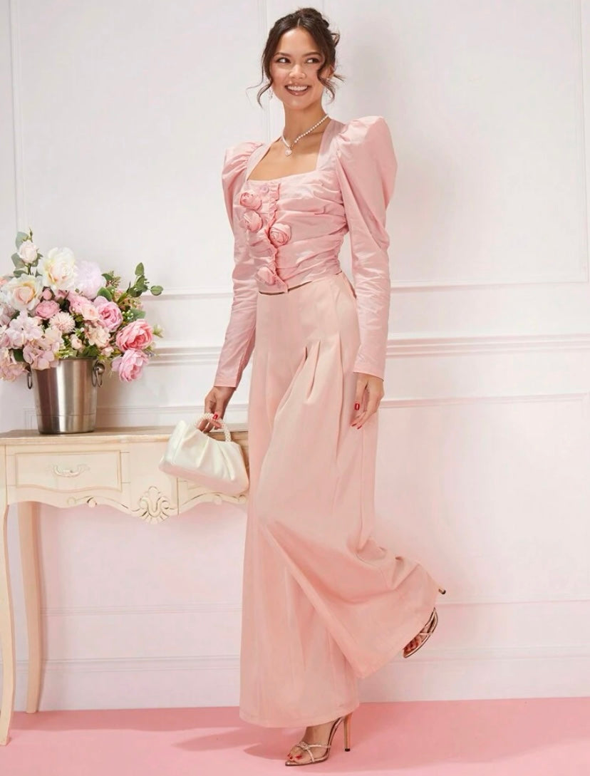 CM-BS553413 Women Elegant Seoul Style High Waist Solid Wide Leg Pants - Pink