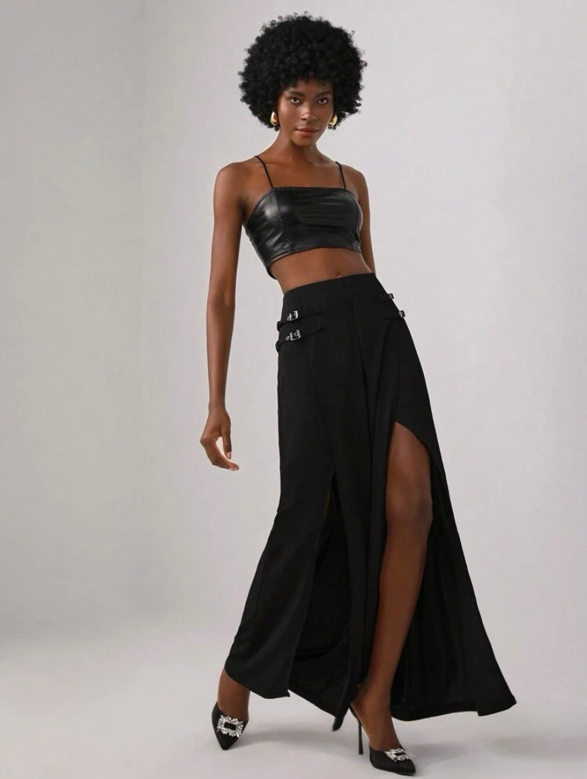 CM-BS514966 Women Elegant Seoul Style Split Thigh Wide Leg Pants - Black