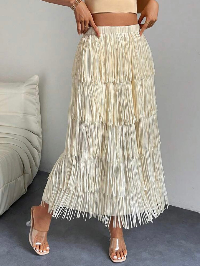 CM-BS377751 Women Elegant Seoul Style Solid Layered Fringe Trim Skirt - Beige