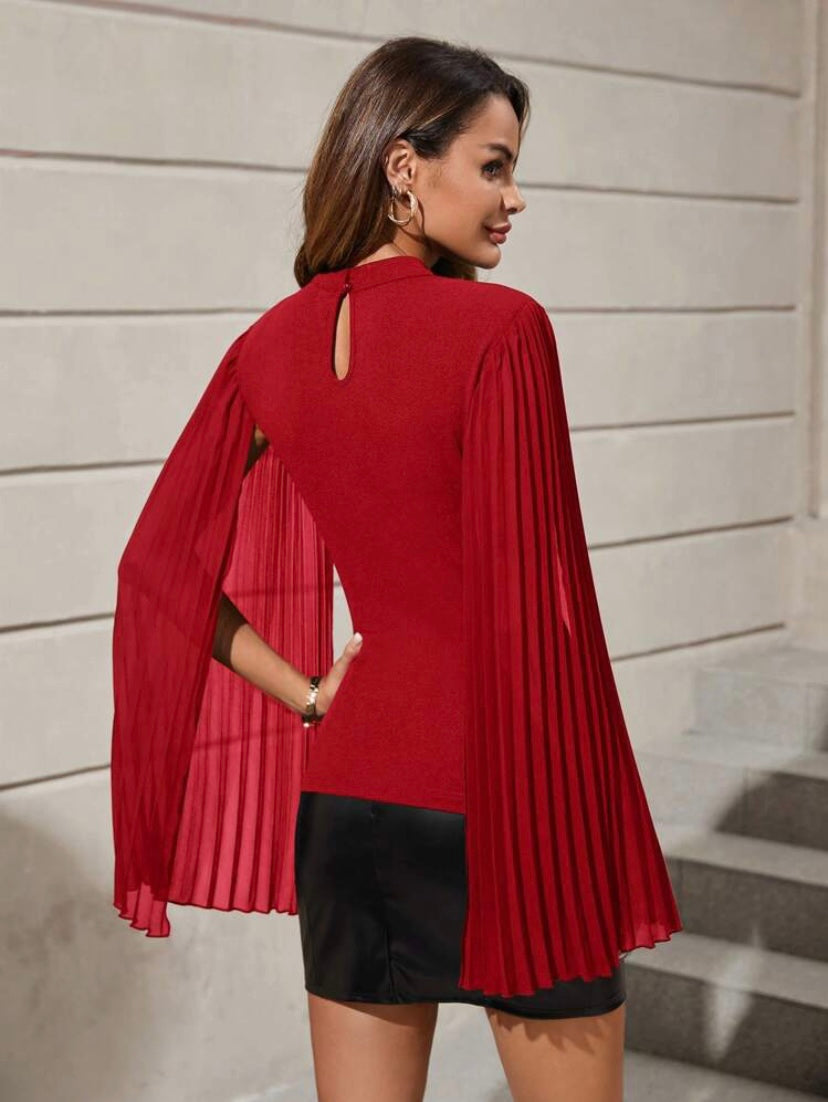 CM-TS297855 Women Casual Seoul Style Mock Neck Cloak Sleeve Pleated Detail Top - Burgundy