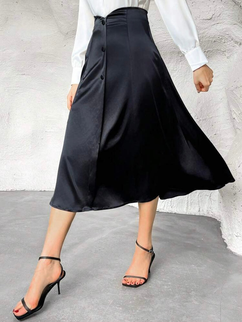 CM-BS639959 Women Elegant Seoul Style High Waist Button Front Skirt - Black