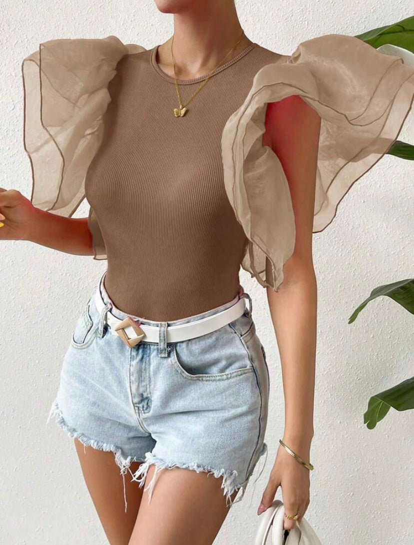 CM-TS121422 Women Casual Seoul Style Contrast Mesh Butterfly Sleeve Bodysuit - Coffee Brown