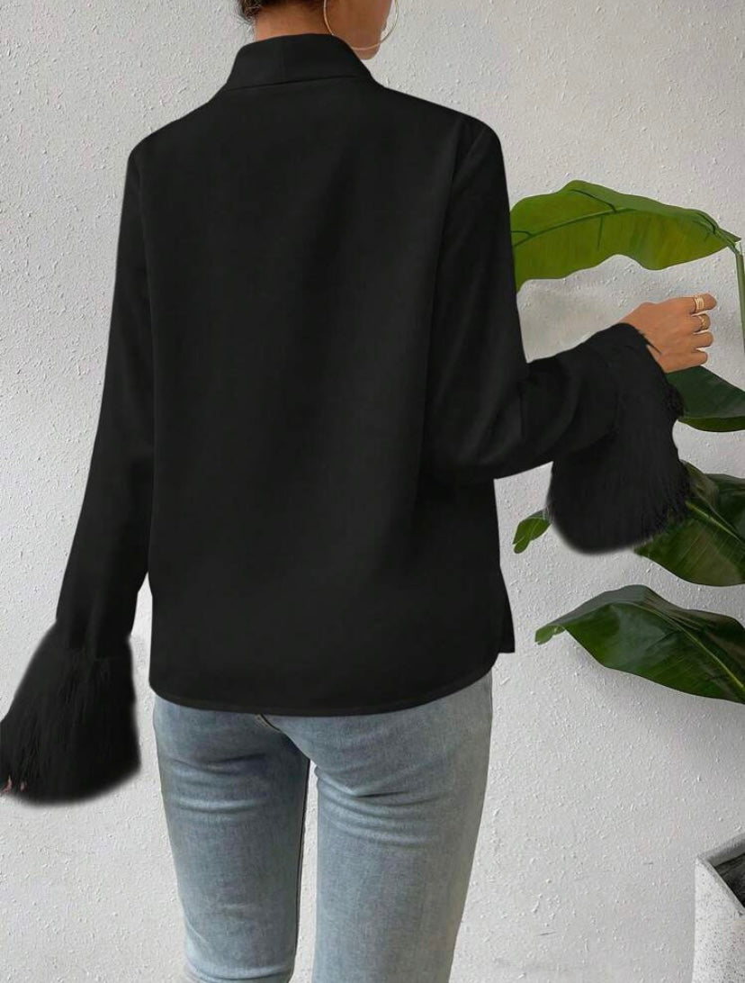 CM-TS068200 Women Elegant Seoul Style V-Neck Solid Fringe Cuff Wrap Blouse - Black