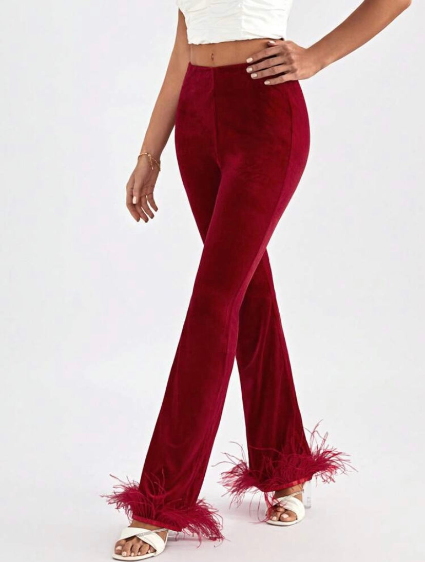 CM-BS913402 Women Elegant Seoul Style Fuzzy Hem Velvet Flare Leg Pants