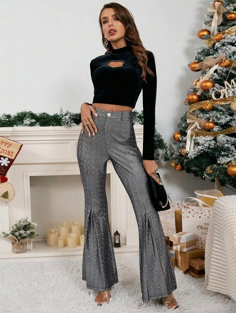 CM-BS158126 Women Elegant Seoul Style Sequin High Waist Flare Leg Pants - Silver