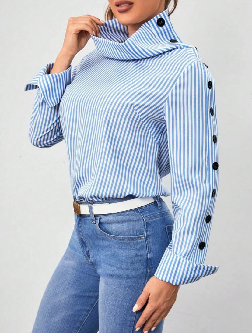 CM-TS363791 Women Casual Seoul Style Striped Print Button Detail High Neck Blouse