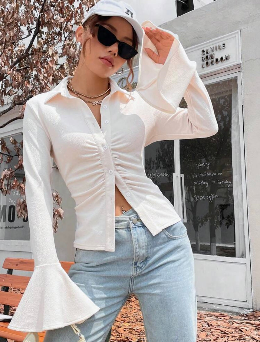 CM-TS289132 Women Casual Seoul Style Ruched Front Flounce Sleeve Blouse - Beige