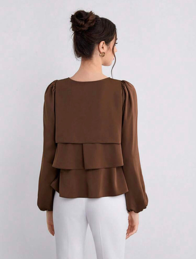 CM-TS010083 Women Elegant Seoul Style Tie Front Ruffle Hem Lantern Sleeve Blouse