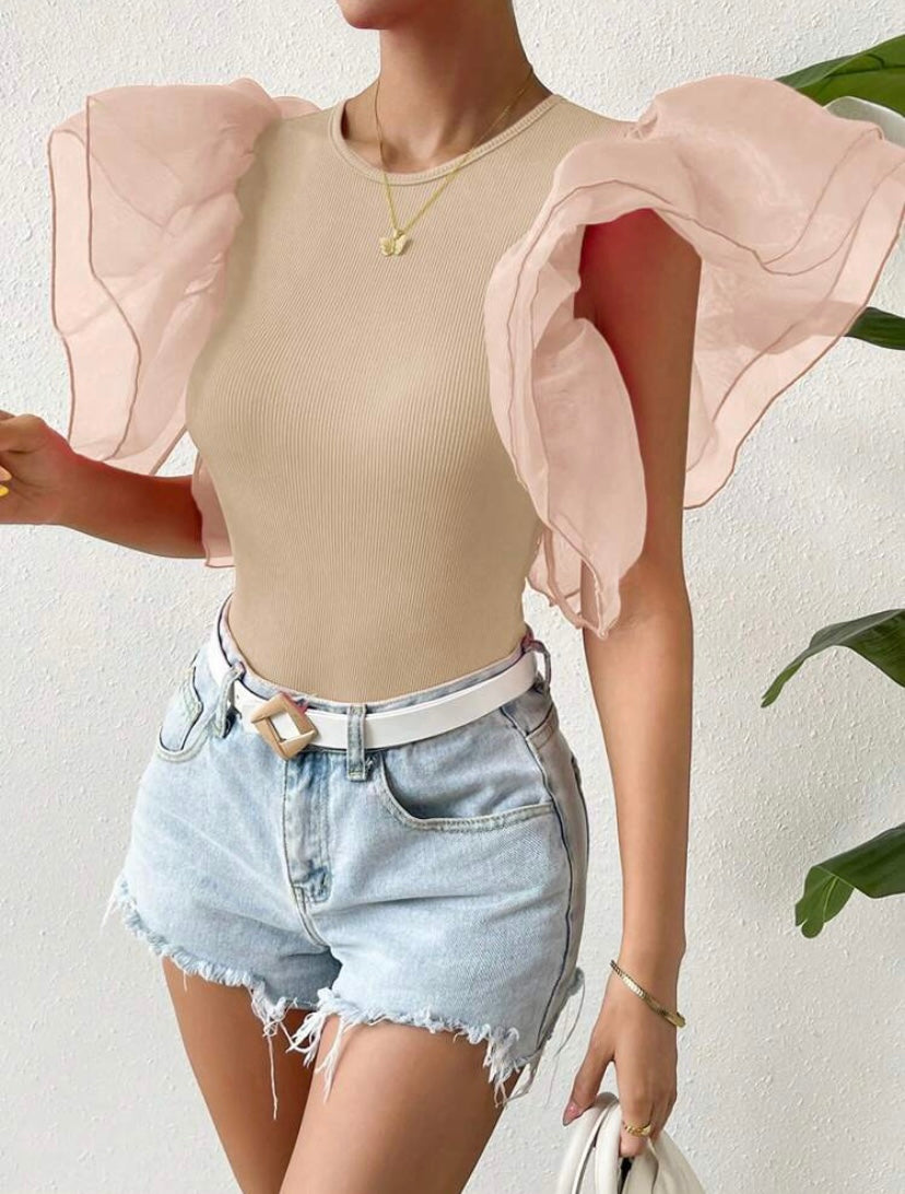 CM-TS515188 Women Casual Seoul Style Contrast Mesh Butterfly Sleeve Bodysuit - Khaki