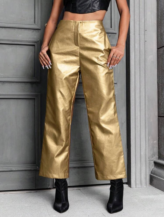 CM-BS530606 Women Elegant Seoul Style Metallic Straight Leg Pants - Gold