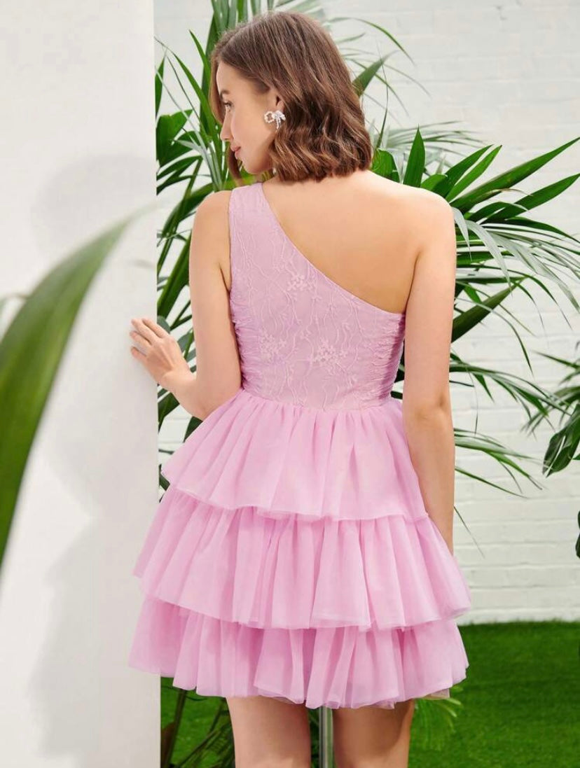 CM-DS411786 Women Elegant Seoul Style One Shoulder Lace Bodice Layered Mesh Dress